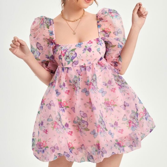 Square Neck Puff Sleeve Butterfly Floral Baby Doll Dress Live Your Barbie Dreams - Picture 1 of 7